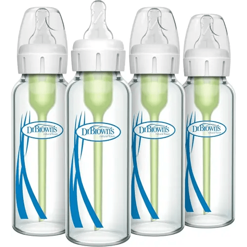Dr. Brown's Natural Flow Anti-Colic Options+ Narrow Glass Baby Bottle 8 oz/250 mL, with Level 1 Slow Flow Nipple, 4 Pack, 0m+