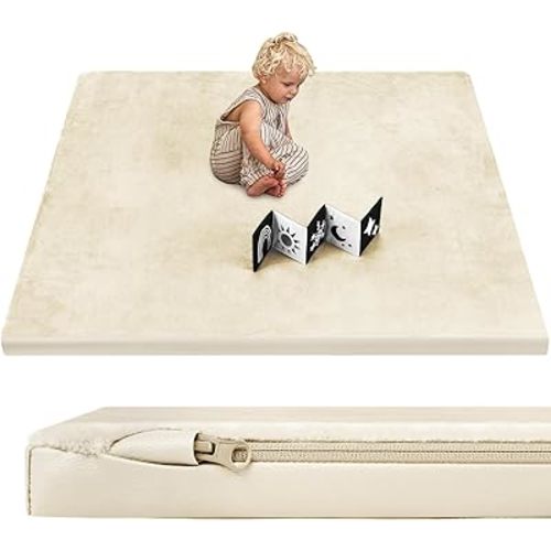 Baby Play Mat, Leather & Velvet Mat with Baby Book, Double-Sided/Reversible Mat, 50x50 Playpen Mat, 1.3" Thick Non-Toxic Cushioned, Waterproof Soft Crawling Mat for Infants and Toddlers, Beige
