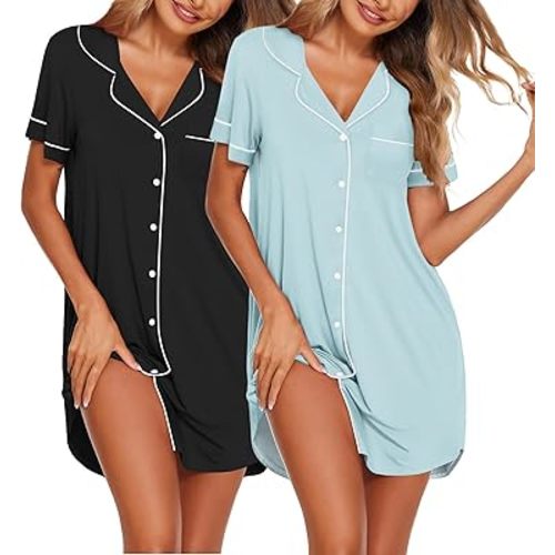 Ekouaer Nightgowns for Women 2 Pack Button Down Sleepwear Short Sleeve Sleepshirts Soft Nightshirts Boyfriend Pajama Dress