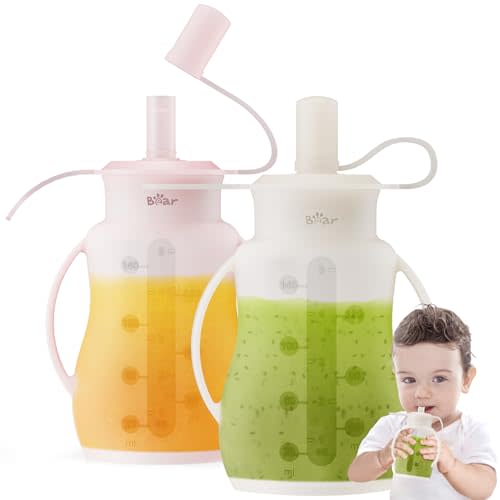Bear Reusable Silicone Baby Food Pouches for Toddlers, BPA Free Food Grade, 2 Pack Baby Food Containers, Refillable Squeeze Pouch for Kids, Dishwasher&Freezer Safe, 4oz, 6m+