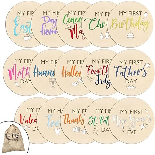 Set of 15 My First... Baby Milestone Wooden Photo Discs | 15 Wood Discs with Gift Bag for Holiday Milestones
