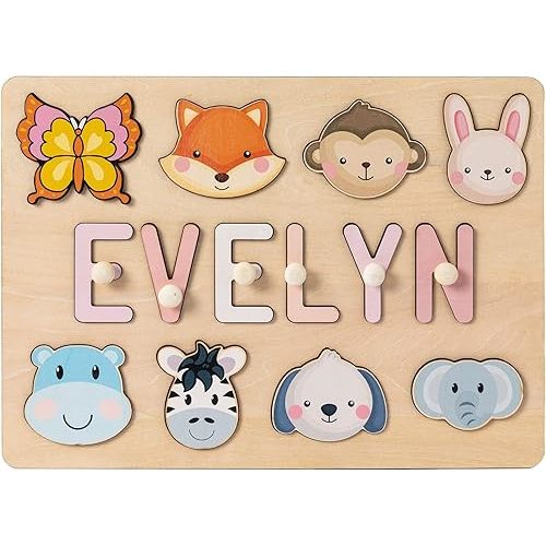 Personalized Name Puzzle for Kids Engraved Text Greetings on Back Custom Wooden Name Signs with Pegs for Baby Boy & Girl 1 Year Old Nursery Gifts Montessori Toys Toddler Puzzles for Newborn