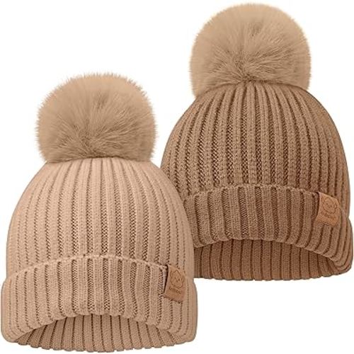 2-Pack Baby Hats for Girls, Boys - Stretchy Baby Beanies, Cute Newborn & Toddler Winter Hat, Soft & Warm Pom Pom Beanie for Infant, Toddler, Boys, Girls 6-36 Months (Dune, M)