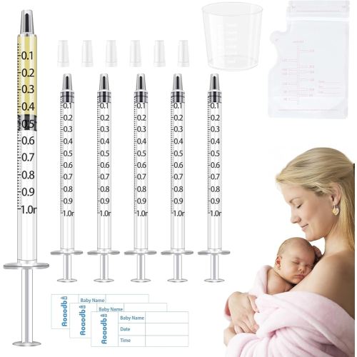 Colostrum Collector Kit Include 100pcs 1ml Sealed Breast Milk Collector No Needle Colostrum Syringes 5 Breastmilk Storage Bags and 1 piece 30 ml measuring cup with 100 Stickers