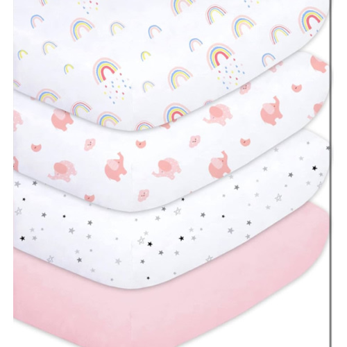 Plushii Crib Sheets for Baby Girls 4 Pack, 28"x 52" Extra Soft Microfiber Crib Sheet Set for Standard Crib & Toddler Mattress Pad, Rainbow & Elephant & Stars & Pink