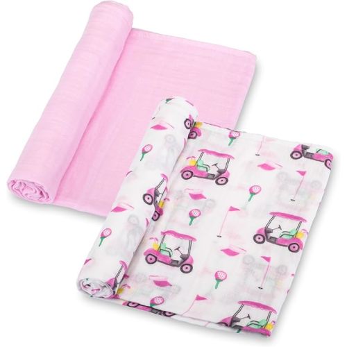 LollyBanks Muslin Swaddle Blankets 2 Pack, 100% Cotton Baby Blanket for Girls, Soft and Breathable 47 x 47 Inches Newborn Receiving Blanket, Newborn Essentials Must Haves (Pink Golf and Pink)