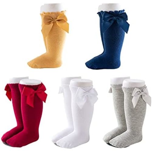 Baby Girls Knee High Socks Bow Tube Ruffled Knit Cotton Long Stockings for Infants and Toddlers 5 Pairs