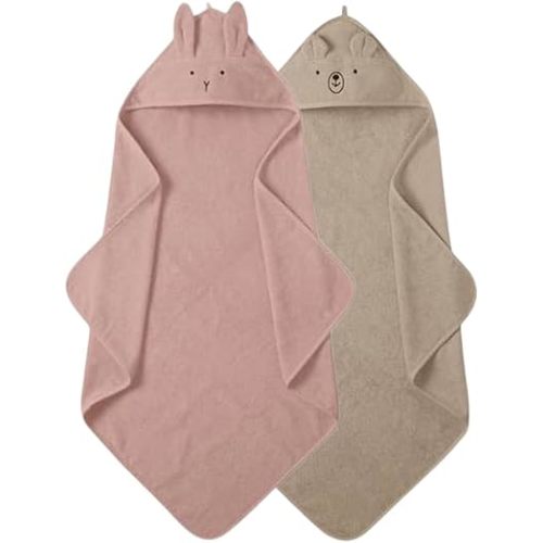 Baby Hooded Towel – Organic Cotton Baby Bath Towels – Baby Towels, Baby Bath Towels for Baby Girl, 32" x 32" Super-Soft and Absorbent Baby Towels 2-Pack (Rabbit Blush/Bear Fog)