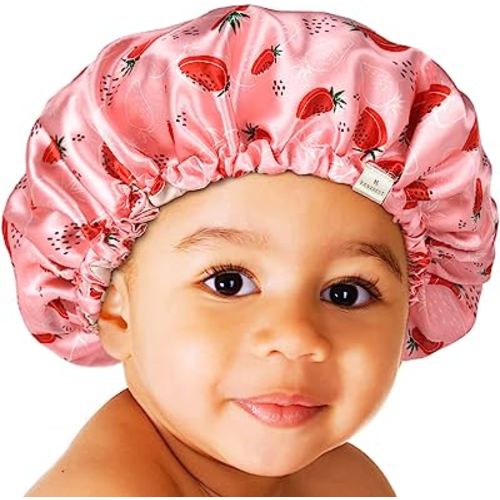 YANIBEST Baby Satin Bonnet Sleep Cap - Double Layer Reversible Adjustable Silky Satin Cap for Infant Toddler(0-6Months,Strawberry)