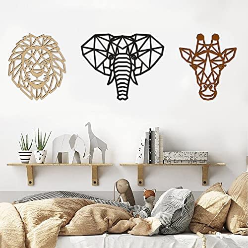 Animal Wall Art for Modern Living Room 3 Pieces Safari Decor for Bedroom Above Bed Jungle Theme Wood Heads of Lion, Elephant, Giraffe Art for Nursery Farmhouse Geometric Décor Wooden Large Colorful