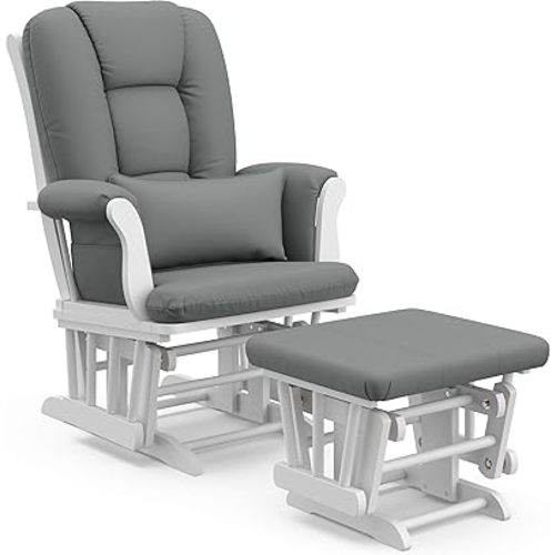 Storkcraft Tuscany Custom Glider and Ottoman with Free Lumbar Pillow (White/Grey) - Cleanable Upholstered Comfort Rocking Nursery Chair with Ottoman