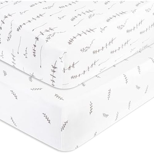 Pack and Play Sheet 2 Pack - Pack and Play Sheets Fitted with 100% Jersey Cotton - Pack N Play Mattress Sheets for Boys and Girls, Newborn Essentials (Neutral Forest Grey Floral and Leaves)