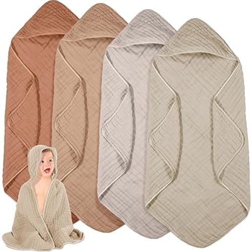 Peryiter 4 Pcs Muslin Hooded Baby Towels, 32"x 32" Cotton Newborn Bath Towel Muslin Infant Baby Blankets Absorbent Unisex Christmas Registry Gift Essentials for Girls Boys(Brown Series)
