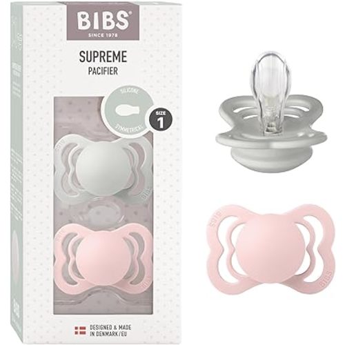 BIBS Supreme Baby Pacifier | 2-Pack | Size 0-6 Months | Haze/Blossom