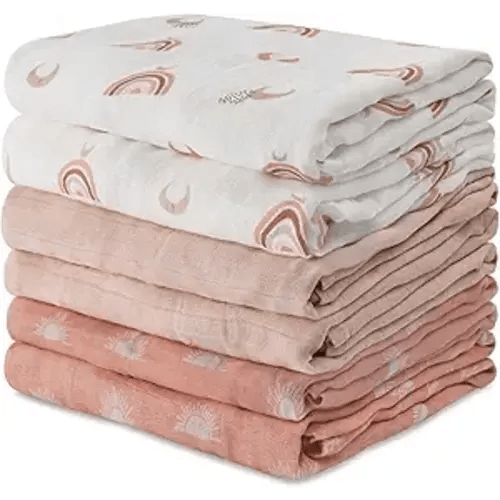 Gllquen Baby Muslin Swaddle Blankets 6 Pack, Soft Cotton Baby Swaddle, Breathable Receiving Blanket for Newborn Boys Girls, Multipurpose Nursing Cover & Stroller Sun Shade, Sun Pattern