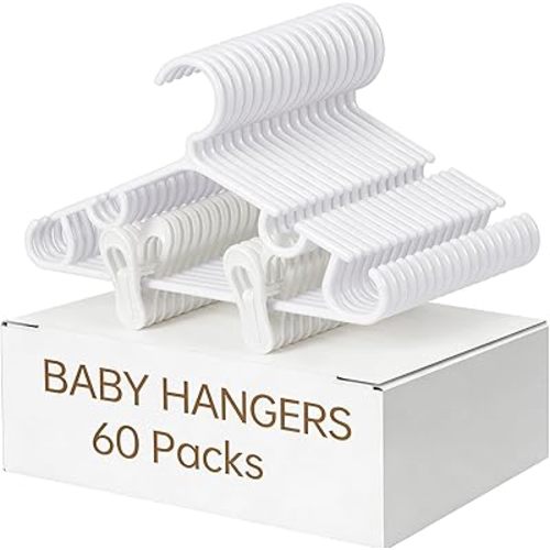 Nursery Baby Hangers with Clips, 20 Newborn Kids Plastic Clothes Hangers for Toddler Pants – with 40 Clips for Children's Clothes Packs(White,60 Packs) (60, White)
