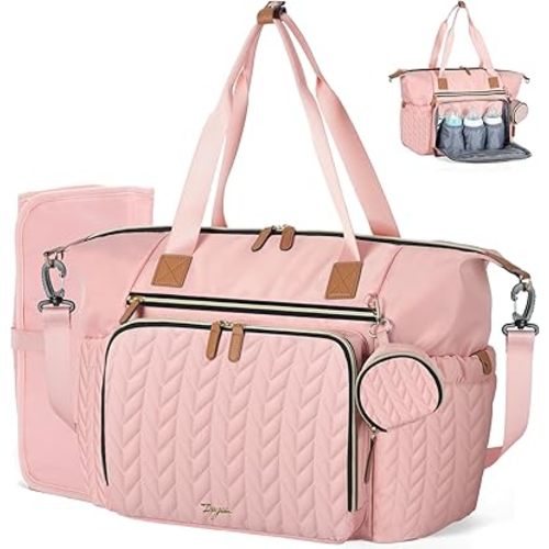Diaper Bag Tote, Large Diaper Bags Waterproof, Hospital Bag for Labor Delivery, Baby Bag with Pacifier Case, Travel Diaper Tote with Changing Pad, Pink