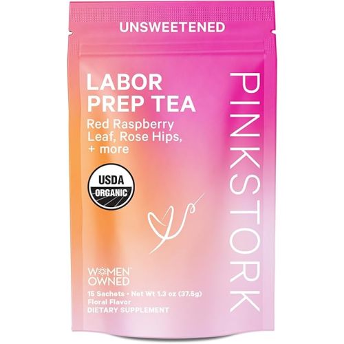 Pink Stork Organic Labor Prep Tea - Red Raspberry Leaf Tea with Chamomile and Rosehip, Pregnancy Must Haves, Postpartum Essentials, Third Trimester Pregnancy Tea - 15 Sachets