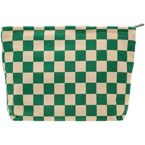 PAZIMIIK Makeup Bag Large Zipper Corduroy Make Up Pouch for Purse Travel Canvas Cosmetic Organizer for Women Brush Storage,Checkered Green