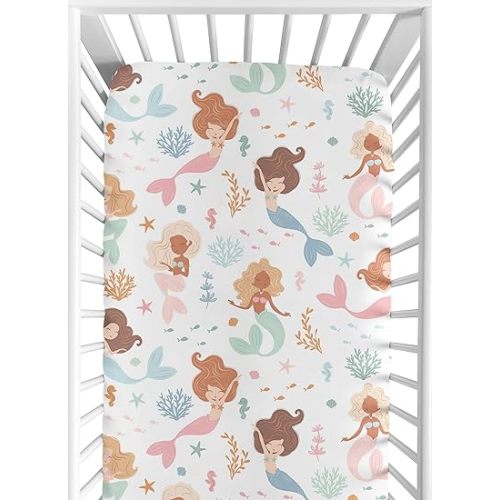 Sweet Jojo Designs Ocean Mermaids Girl Baby Fitted Crib Sheet Newborn Nursery Toddler Bed Room Standard Mattress Pink Teal Under the Sea Underwater Theme Fairytale Fish Colorful Coral Reef Blue Orange