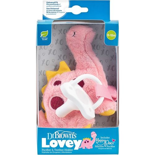 Dr. Brown's Baby Lovey Pacifier and Teether Holder, Dinosaur with White HappyPaci, 100% Silicone, 0-6m