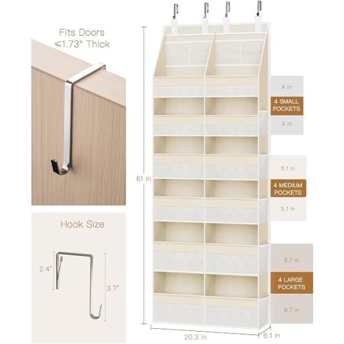 Over the Door Organizer, Extra Large 12 Compartments Closet Hanging Storage with 14 Mesh Pockets, 85lbs Capacity Behind the Door Storage for Baby Nursery, Bathroom, Bedroom, and Dorm, Beige