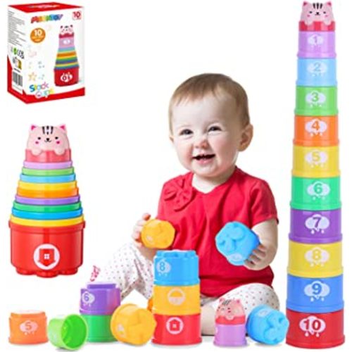 MOONTOY Stacking Cups Baby Toys 6 10 12 18 Months, Montessori Toys for 1 Year Old Toddler Learning Toys with Numbers Shapes Patterns, Baby Bath Toys 6-12 Months, Gifts for 1 2 3 Year Old Boys Girls