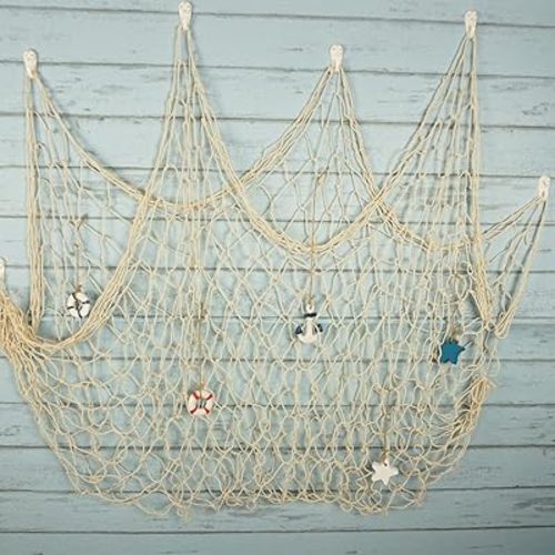 Rustic Nautical Decorative Fishing Net Wall Hangings Decor with Stars, Lifebuoy and Anchor Ornaments, Creamy White