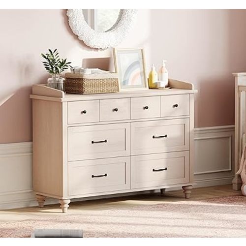 WAMPAT Beige Baby Dresser with 6 Drawers for Kids Room, Kids Dresser Wooden Double Dresser for Bedroom, Chest of Drawers Storage Dresser Organizer for Nursery Furniture