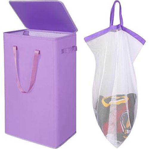 Odonata 75L Slim Laundry Hamper with Lid,Large Foldable Laundry Basket with Removable Bag and Handles Tall Collapsible Dirty Clothes Basket Great for Bedroom, Bathroom, Dorm, College,RV.(Purple, 75L)