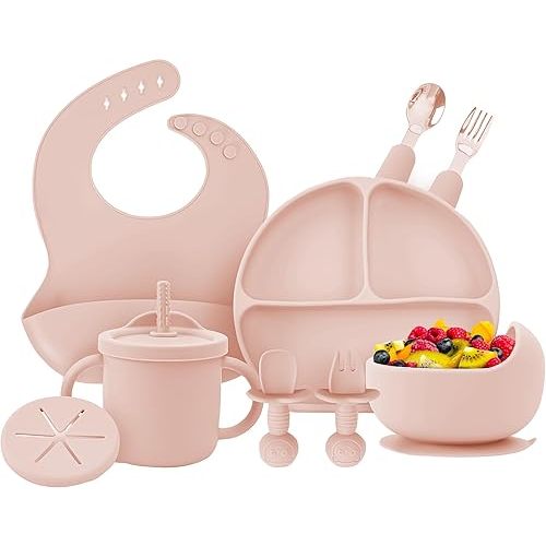 OWS Baby Feeding Set (11 pc) - Certified BPA-Free 100% Food Grade Silicone with Suction Bowl, Divided Plate, Sippy Cup with Straw & 2 Lids, Adjustable Bib, and Weaning Utensils (Light Pink)