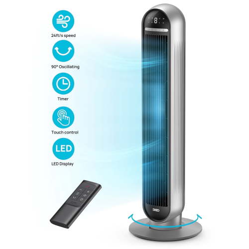 DREO Tower Fan, 36" Floor Fans for Home, 24ft/s Velocity Quiet, 90° Oscillating Fans with Remote, 4 Modes, 4 Speeds, 8H Timer, LED Display Standing Fan, Black Silver