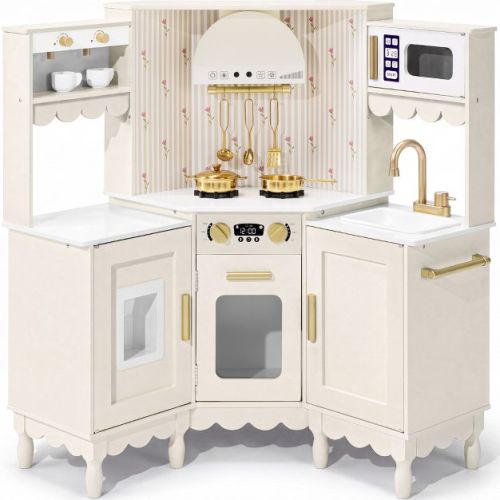 Best Choice Products Cottage Corner Play Kitchen for Kids, Wooden Toy Kitchen w/ Espresso, Ice Maker, Sink, 11pc - Cream