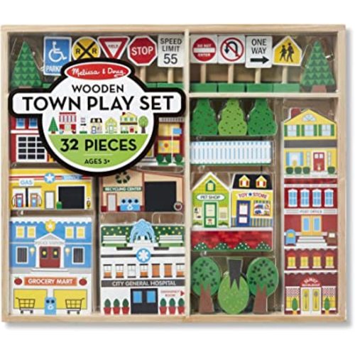 Melissa & Doug Wooden Town Play Set With Storage Tray (32 pcs) Pretend Play Wooden Town Set For Kids With Storage