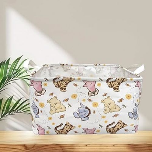 Classic Winnie Storage Basket with Handles Large Waterproof Foldable Cotton Hamper Bin For Nursery Decor Cute Blanket, Clothes,Toys, Baby Stuff Organizer Baby Shower Decorations (15x9x11 inches)