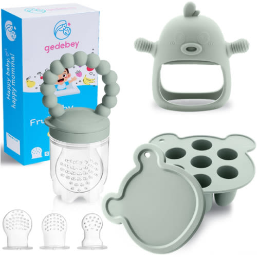 Baby Food Fruit Feeder and Breastmilk Popsicle Mold Set, 3 Pack - 1 Food Feeder Pacifier for Teething Relief, 1 Freezer Tray, 1 Baby Teether Toy, Silicone Fruit Teether (Pea Green)