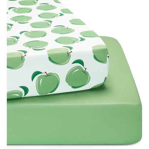 TILLYOU Baby Crib Sheets for Boys Girls, Super Soft Toddler Bed Sheets, 2 Pack Sheets for Standard Crib Mattress 28x52in, Green Apple