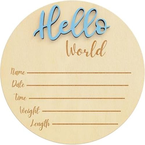 Baby Announcement Sign, Hello World Newborn Sign for Hospital, Large 6” Wooden Baby Name Sign, Newborn Photography Props for Boys and Girls, Welcome Baby Sign (Baby Blue)