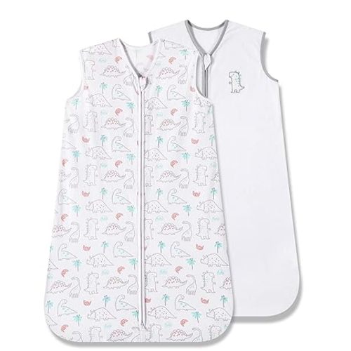 TILLYOU Sleep Sack 6-12 Months - 0.5 TOG Baby Wearable Blanket with 2-Way Zipper, Extra Soft Cotton Sleeveless Sleeping sack 2 Pack, Woodland Dinosaurs