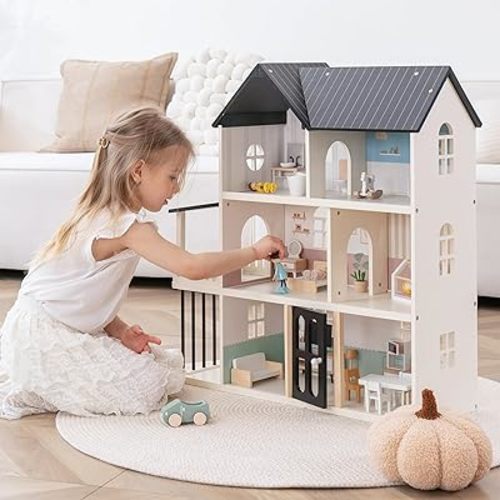 Wooden Dollhouse for Kids, 6-Room Modern-Style Toy Doll House Playset