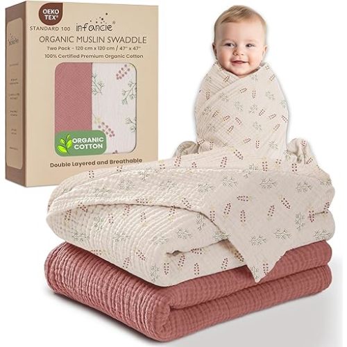 Organic Cotton Muslin Baby Blanket - 47x47 Inch Breathable Swaddle, Hypoallergenic Double-Layer, Versatile Use (Pink Floral, 47x47 Inch)