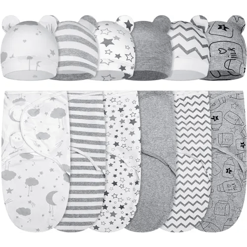 Ramede 6 Pack Baby Swaddle Blanket with Hats Sleep Swaddle for 0-3 Months Newborn Sacks Soft Cotton Wearable for Baby Boy Girl Sleeping(Star, Grey)