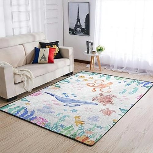 Colorful Sea World Throw Carpet Ocean Animals Whale Turtle Jellyfish Corals Sea Weeds Area Rugs Kids Toddler Nursery Bedroom Decor Floor Carpet for Living Room Bathroom Door Mat 48x72