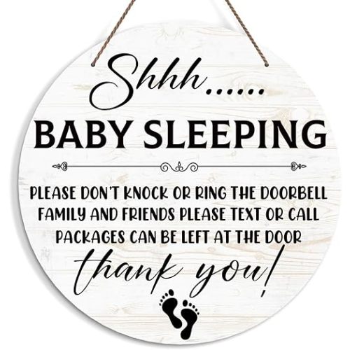 Baby Sleeping Sign for Front Door, Do Not Knock or Ring Doorbell Door Decorations, Rustic Wooden Hanging Sign for Farmhouse Porch Nursery, Wood Door Hanger for Outdoor, Kids Room Wall Decor -38