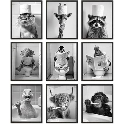 Kizbok Funny Bathroom Wall Art, Black and White Wall Art, Cute Animals Canvas Bathroom art Prints, Funny B athroom W all Decor Signs, Vintage bathroom Pictures wall Decor for Toliet Restroom- Unframed