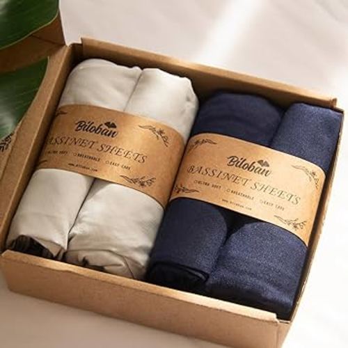 Baby Bassinet Sheets 4 Pack Compatible with 33" x 20" Mika Micky, Baby Delight, Dream On Me and Other Rectangle Bassinet Mattress, Ultra Soft & Skin Friendly, Washer & Dryer, Grey and Navy Blue