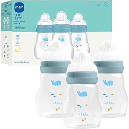 MAM Premium Glass Baby Bottles, Easy Switch Between Breast and Bottle, Feel Good Slow Flow, Newborn Essentials Must Have, 0+ Months, BPA Free, 6oz, Boy, 3 Pack