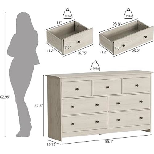 55'' Natural Dresser for Bedroom, 7 Deep Drawer Large Wood Dresser with Black Handles, Modern Wide Storage Dressers & Chests of Drawers for Hallway,Entryway