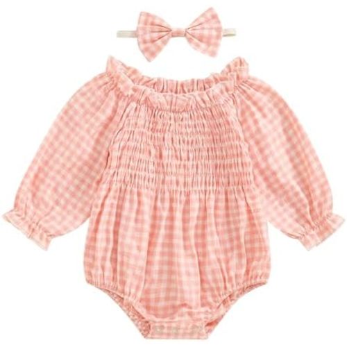 Newborn Infant Baby Girl Spring Romper Clothes Long Sleeve Plaid Bodysuit with Headband Toddler Girls Top