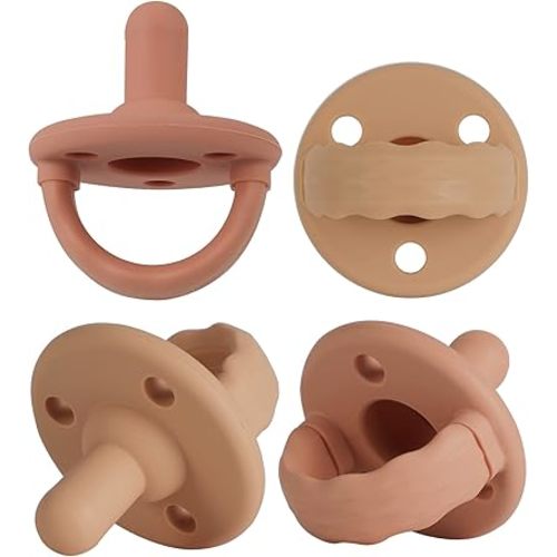 Soother Pacifier,Food Grade Silicone Pacifiers with Handle & 3 Holes for Added Safety, BPA Free, 4-Pack (Muted x2 / Apricot x2)